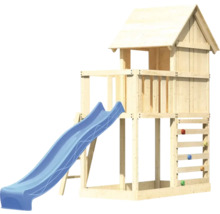 Tour de jeux avec toboggan, mur d''escalade et cabane en bois