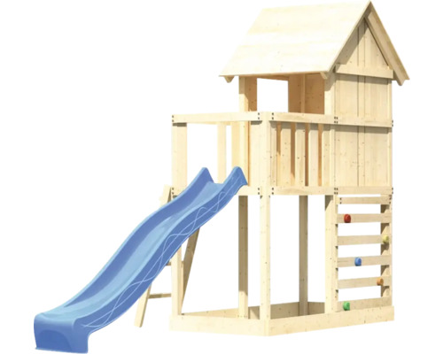 Tour de jeux avec toboggan, mur d''escalade et cabane en bois