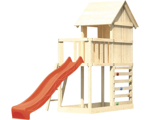 Tour de jeux en bois avec toboggan et mur d''escalade