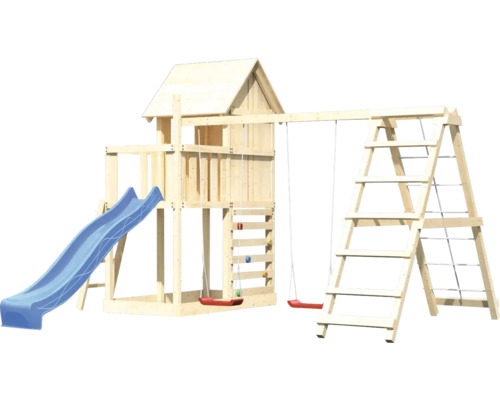 Tour de jeu en bois avec toboggan, balançoires et échelle d''escalade