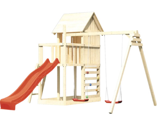 Spielturm aus Holz mit Rutsche und Schaukel