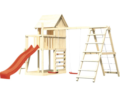 Tour de jeu en bois avec toboggan, balançoire et mur d''escalade pour le jardin