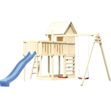 Tour de jeux avec toboggan, balançoire et mur d''escalade en bois