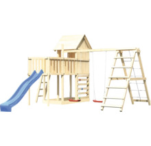Aire de jeux en bois avec toboggan, balançoires et mur d''escalade