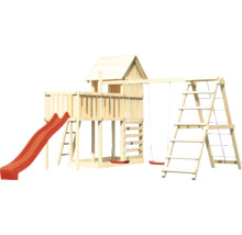 Tour de jeu en bois avec toboggan, balançoire et mur d''escalade