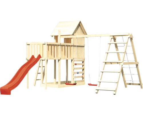 Tour de jeu en bois avec toboggan, balançoire et mur d''escalade