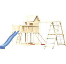 Tour de jeux en bois avec toboggan, balançoire et mur d''escalade