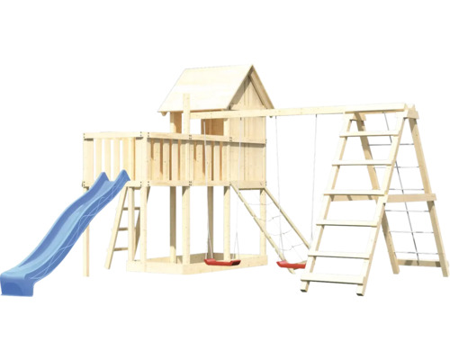 Tour de jeux en bois avec toboggan, balançoire et mur d''escalade