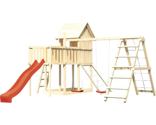 Tour de jeu en bois avec toboggan, balançoire et structure d''escalade pour le jardin