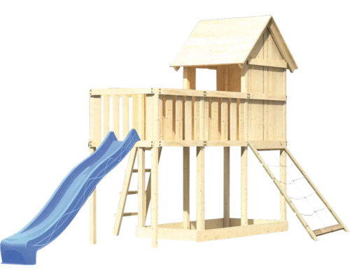 Tour de jeux en bois avec toboggan, échelle et filet d''escalade pour le jardin