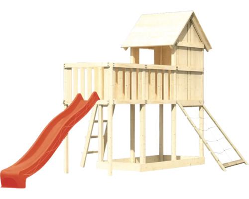 Tour de jeux en bois avec toboggan, échelle et filet d''escalade