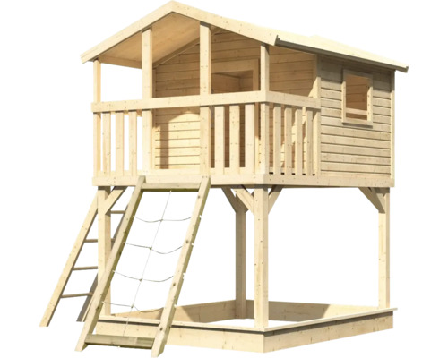 Cabane en bois avec bac à sable et échelle