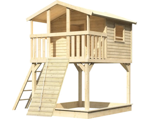 Cabane de jeu en bois avec bac à sable, échelle et corde d''escalade