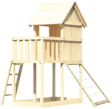 Spielturm aus Holz mit Leiter und Kletternetz