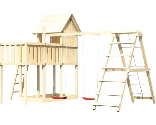 Aire de jeux en bois avec balançoires, échelle et cabane