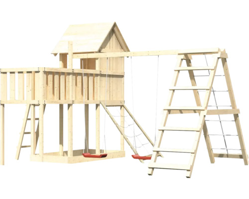 Aire de jeux en bois avec balançoires, échelle et filet d''escalade