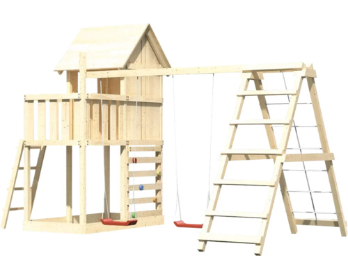 Tour de jeu en bois avec balançoire, mur d''escalade et échelle