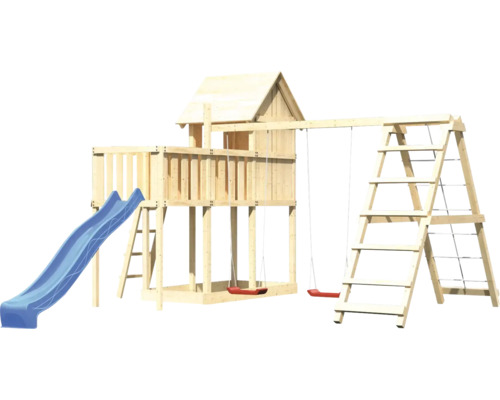 Maison de jeux en bois avec toboggan, balançoire et échelle d''escalade pour le jardin