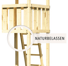 Vue détaillée d''une tour de jeu en bois naturel avec échelle.