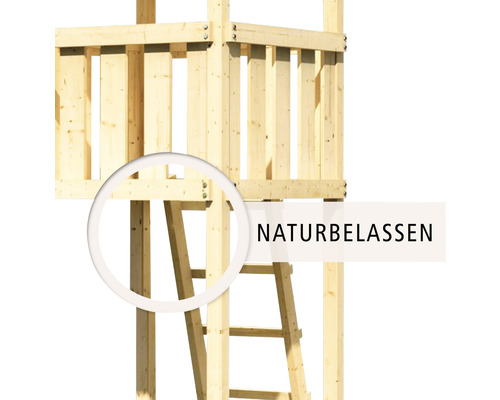 Vue détaillée d''une tour de jeu en bois naturel avec échelle.