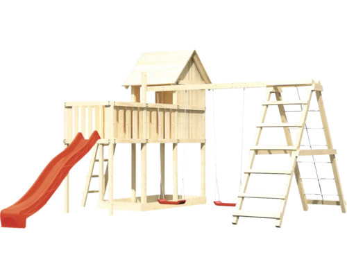 Tour de jeux avec toboggan, balançoire et échelle d''escalade en bois