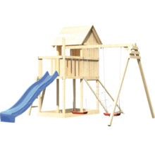 Aire de jeux en bois avec toboggan et balançoire