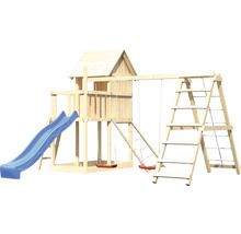 Tour de jeux en bois avec toboggan, balançoires et échelle d''escalade