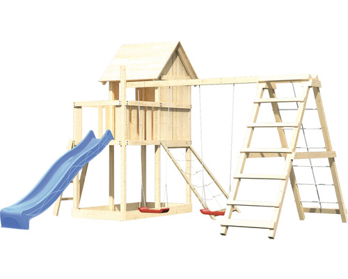 Tour de jeux en bois avec toboggan, balançoires et échelle d''escalade