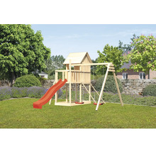 Tour de jeux en bois avec toboggan et balançoire dans le jardin