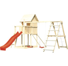 Tour de jeu en bois avec toboggan, balançoires et échelle