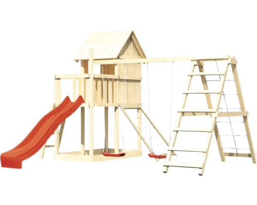 Tour de jeu en bois avec toboggan, balançoires et échelle