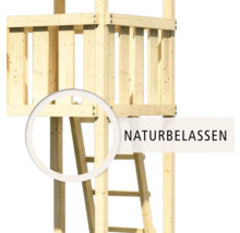 Detailansicht eines unbehandelten Holzspielturms mit Leiter