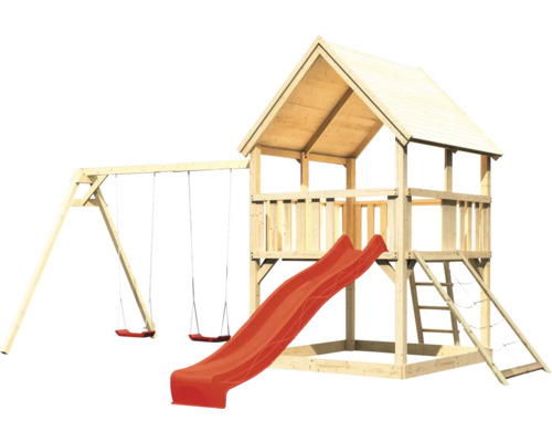 Tour de jeu avec toboggan, balançoire et mur d''escalade en bois