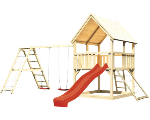 Aire de jeux en bois avec toboggan et balançoire