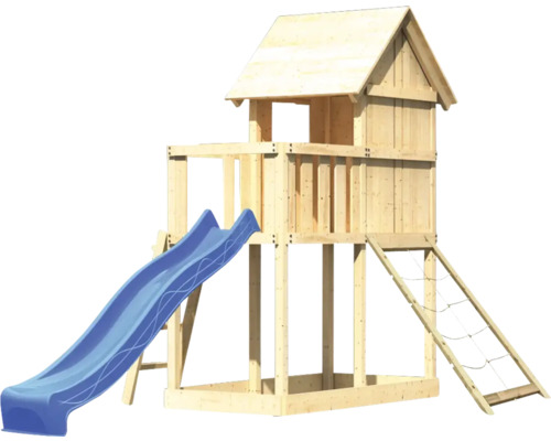 Tour de jeu en bois avec toboggan et filet d''escalade