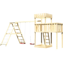 Spielturm aus Holz mit Schaukel und Kletternetz