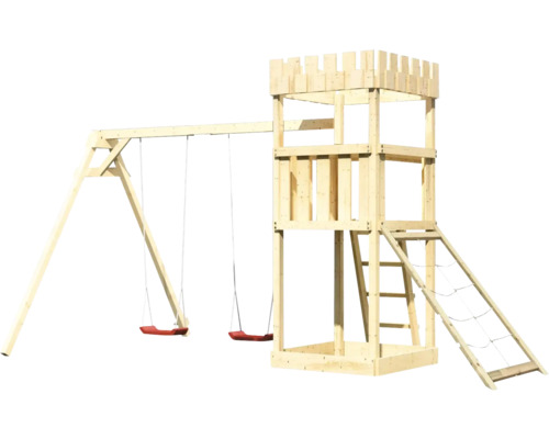 Spieltoren mit Schaukel und Kletternetz für den Garten