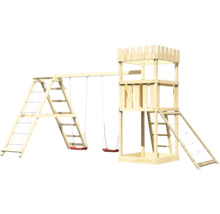 Spielturm aus Holz mit Schaukel, Strickleiter und Kletterwand
