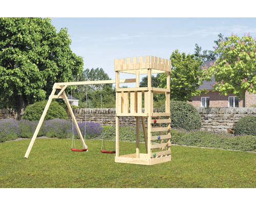 Holzspillturm mat Schaukel a Kletterwand am Gaart