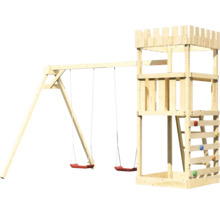 Spieltum mit Schaukel und Kletterwand aus Holz
