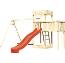 Spielturm aus Holz mit Rutsche und Schaukel