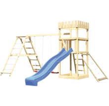 Spielplatz mit Rutsche, Schaukel und Kletterturm aus Holz