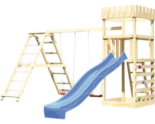 Spilltuerm mat Rutsch, Schaukel a Kletterwand aus Holz
