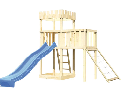 Tour de jeux avec toboggan, mur d''escalade et échelle en bois