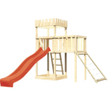 Tour de jeu en bois avec toboggan, échelle et filet d''escalade