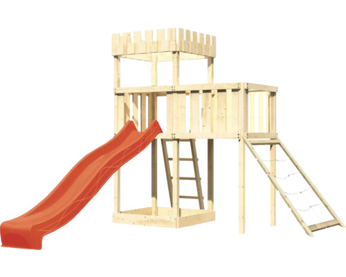 Tour de jeu en bois avec toboggan, échelle et filet d''escalade
