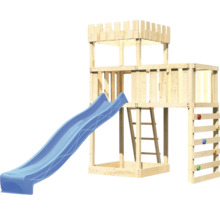Spielturm mit Rutsche und Kletterwand aus Holz