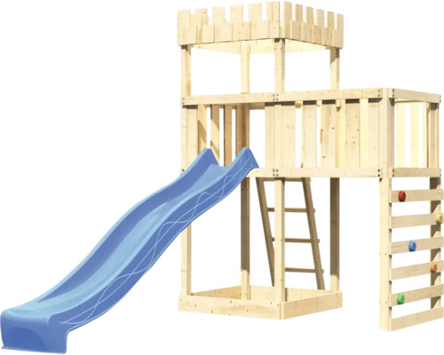 Tour de jeux avec toboggan et mur d''escalade en bois