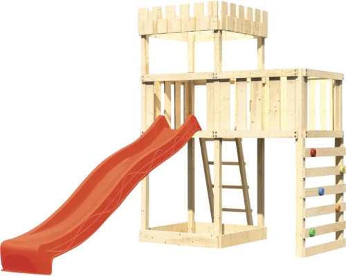 Tour de jeux avec toboggan, échelle et mur d''escalade en bois