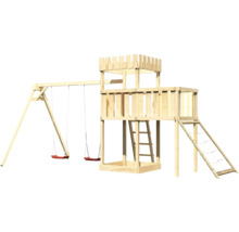 Spielturm aus Holz mit Schaukel, Kletterwand und Leiter